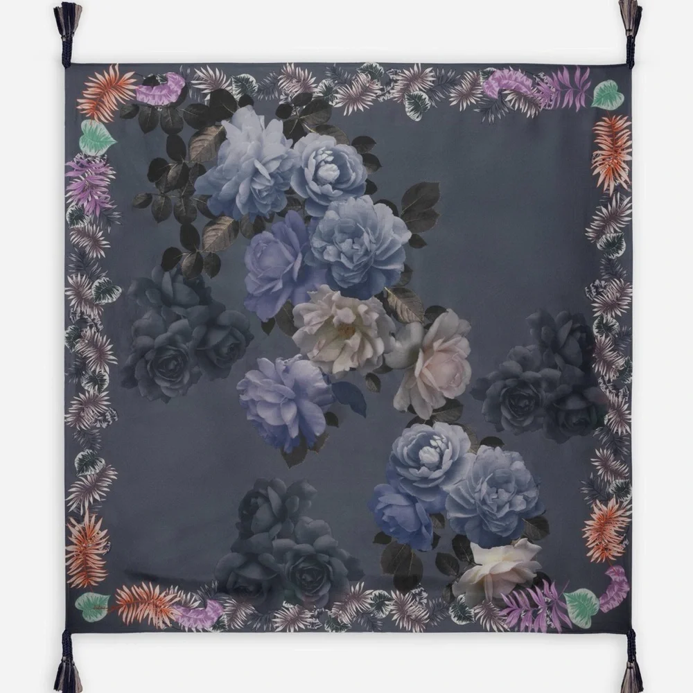 NEW JOHNNY WAS GREY Purple SCARF $110 Floral Print Tassels 100% Silk
